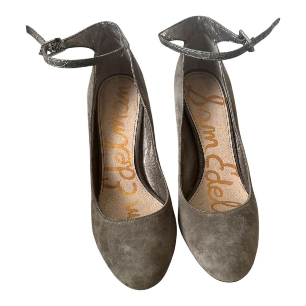 Grey suede Sam Edelman Size 6 heel pumps with ankle strap